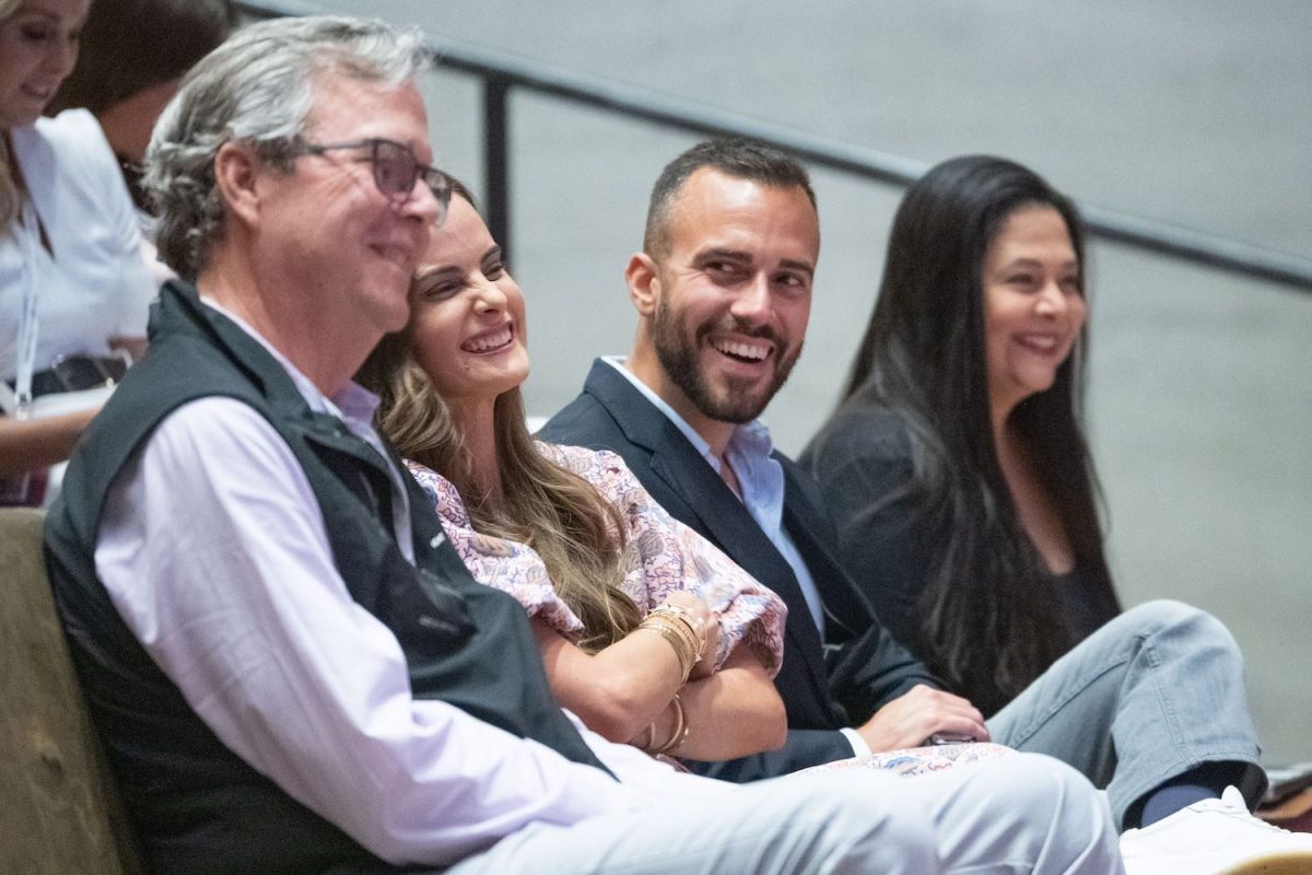 Governor Bush laughs with Melissa Medina, Felice Gorordo and Iditi Joshi
